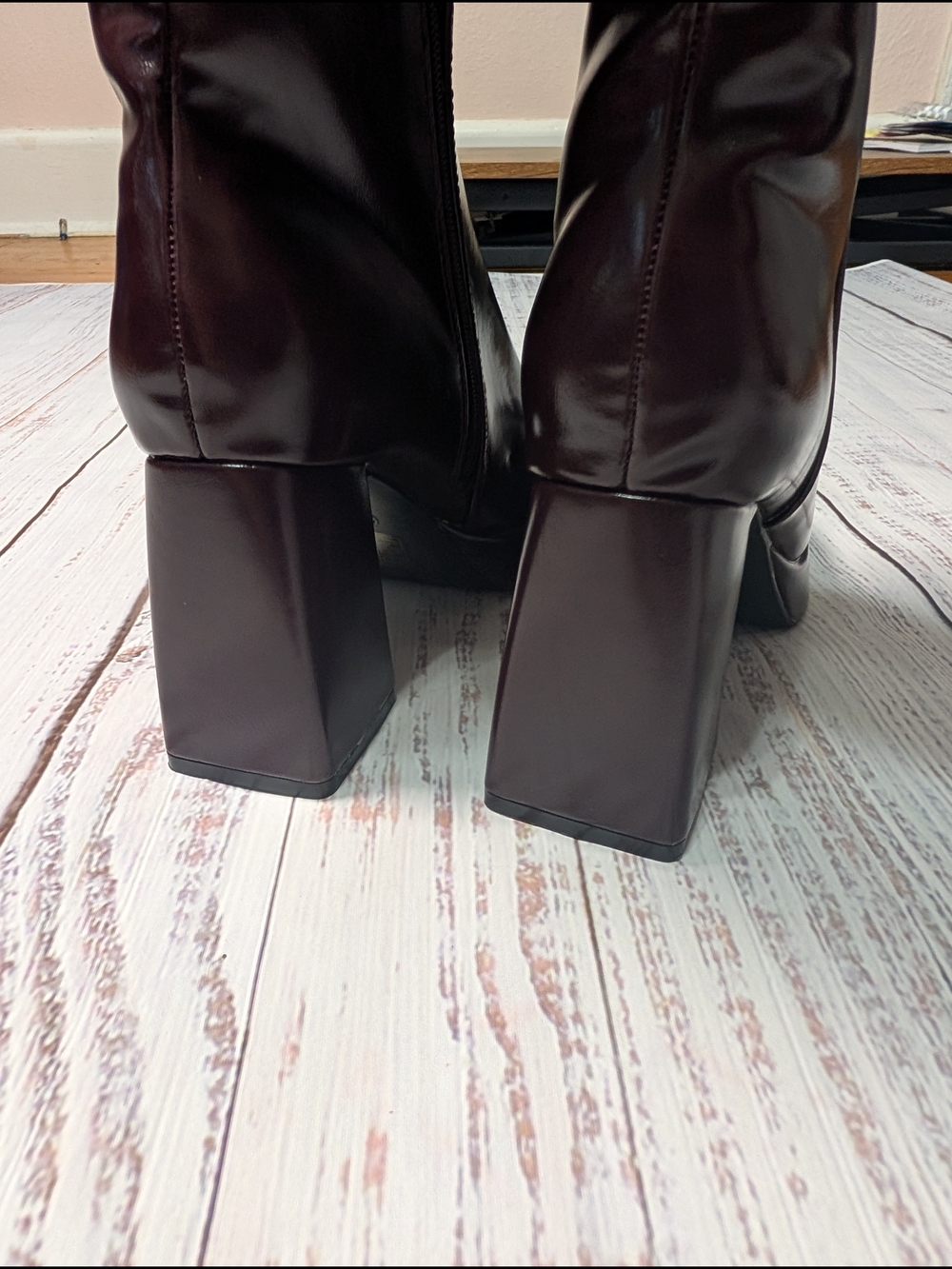 Burgundy Faux Leather Knee High Platform Boots Chunky 3.5" Block Heel Size 7 - Picture 7 of 12